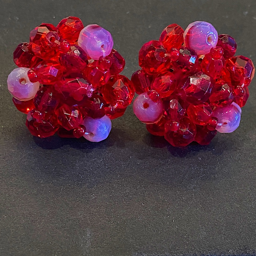 Western Germany Red and Pink Beaded Cluster Earrings. Clip Backs